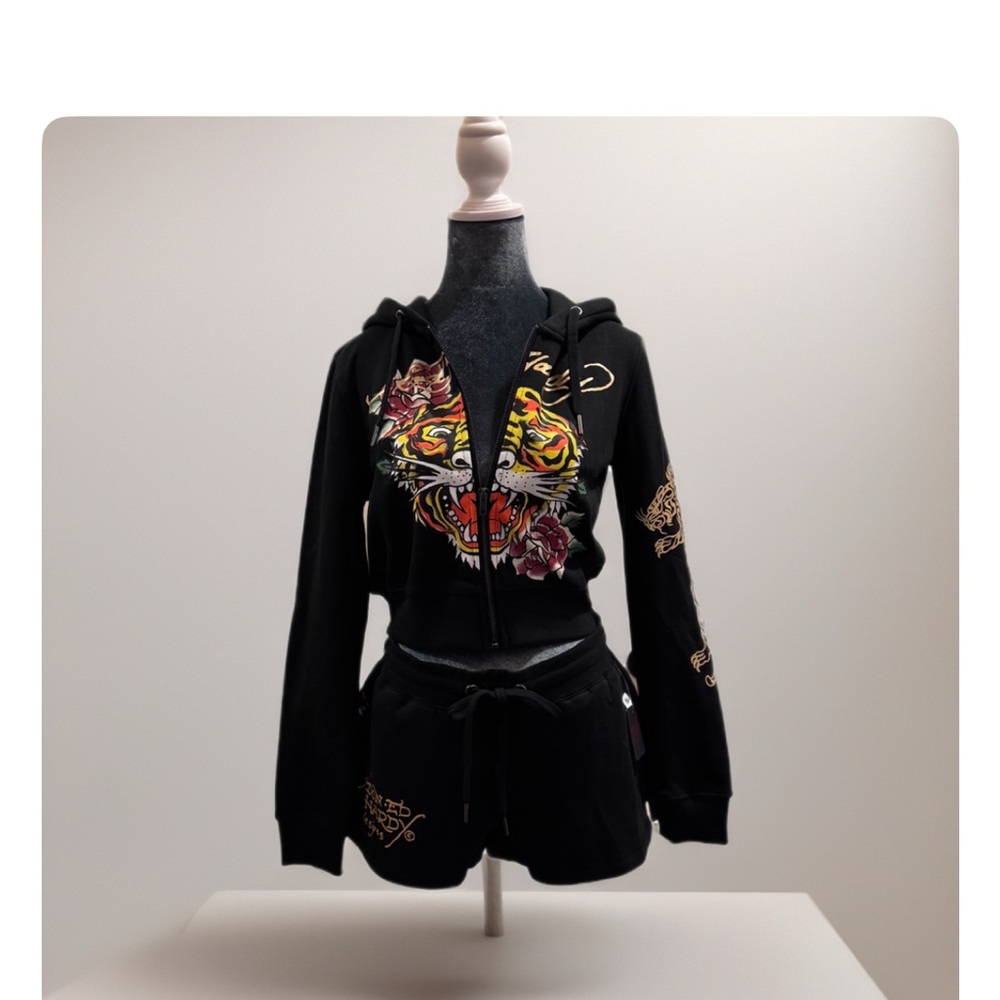 Ed Hardy 2 pc set NWT. Size medium. Black hoodie and short set.